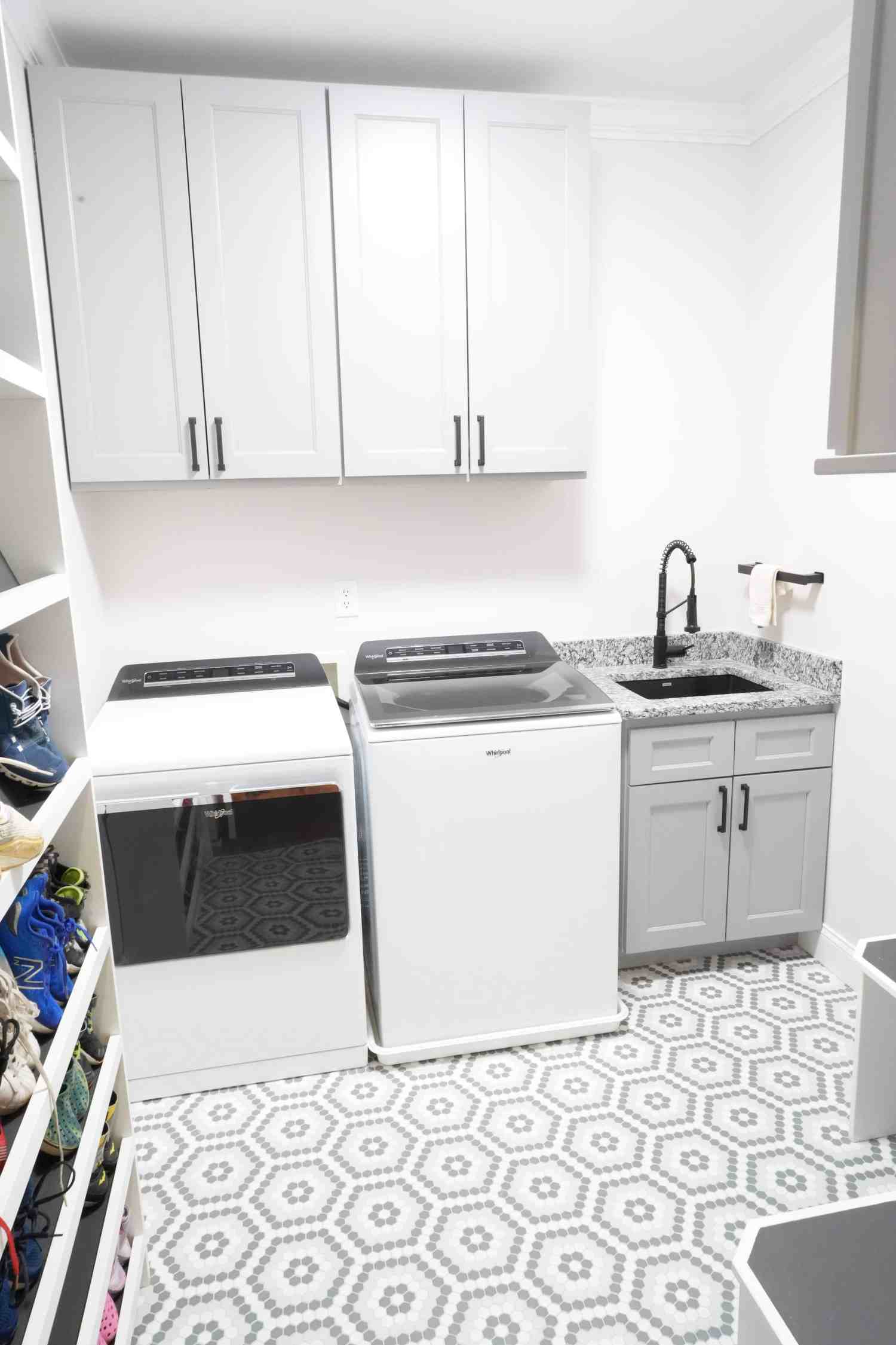 Durham laundry room makeover with custom cabinetry and hexagon tile flooring